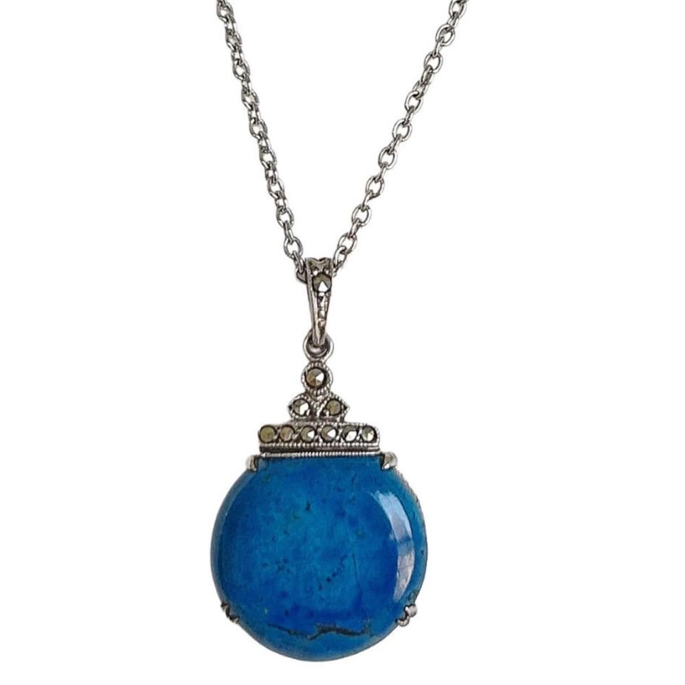 Vintage Sterling Silver, Lapis Lazuli and Marcacite Pendant Necklace
